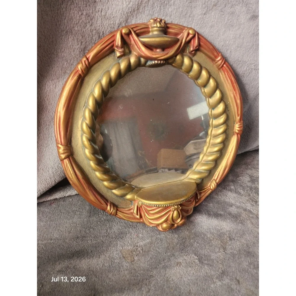 Vtg. Ornate Hollywood Regency Gold Red Wall Mirror Rope Genie Lamp Chalkware MCM